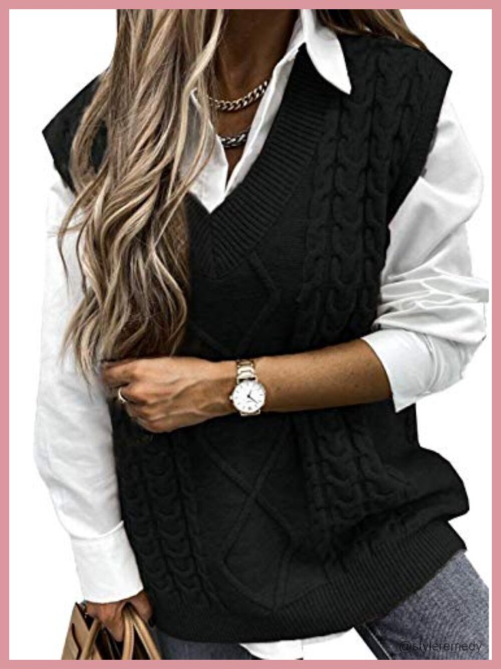 Sleeveless Cable Knit Sweater Vest for Women V Neck Loose Knit Pullover Tops